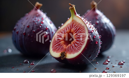 Close-up studio shot showcases the vibrant colors and textures of ripe figs with water droplets for freshness Close-up studio shot showcases the vibrant colors and textures of ripe figs with water droplets for freshness 129369197