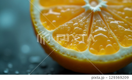 Close-up of a vibrant orange slice with water droplets highlighting its juicy texture and freshness 129369209