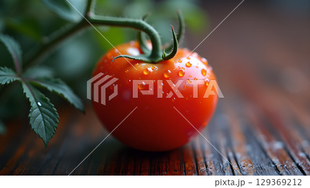 Close-up of a vibrant red tomato freshly picked with water droplets on a wooden surface Close-up of a vibrant red tomato freshly picked with water droplets on a wooden surface 129369212