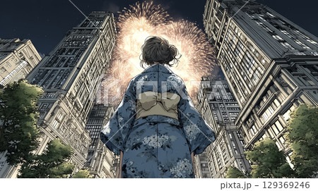 花火を見に来た浴衣の女性 花火を見に来た浴衣の女性 129369246