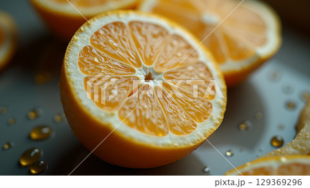 A vibrant citrus composition featuring sliced oranges and glistening droplets showcasing freshness and juicy texture creating a delightful visual experience 129369296