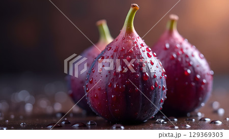 Delicious fresh figs with water droplets creating a stunning visual representation of healthy eating benefits 129369303