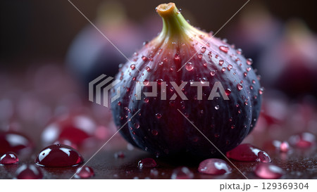 Captivating close up of fresh figs covered in glistening droplets conveying healthy eating and freshness 129369304
