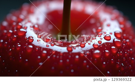 Close-up shot of a vibrant red apple covered in glistening water droplets creating a fresh look Close-up shot of a vibrant red apple covered in glistening water droplets creating a fresh look 129369322