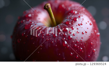Fresh red apple glistening with water droplets, showcasing the beauty of nature's bounty and healthy eating 129369324