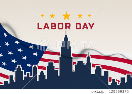labor day city skyline with waving flag 129369376
