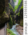 Narrow walkway carved into the cliffside along a turquoise stream inside Partnachklamm Gorge, Garmisch-Partenkirchen, Bavaria. A stunning natural passageway through dramatic alpine rock formations. 129369386