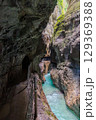 Narrow walkway carved into the cliffside along a turquoise stream inside Partnachklamm Gorge, Garmisch-Partenkirchen, Bavaria. A stunning natural passageway through dramatic alpine rock formations. 129369388