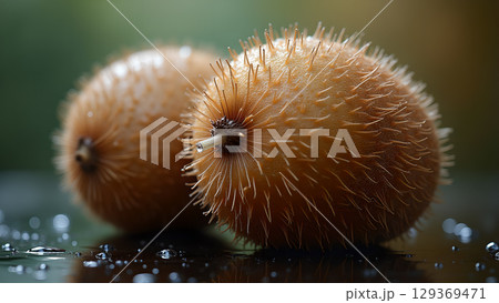 Golden kiwi fruit still life photo with water droplets revealing freshness and organic naturalness 129369471