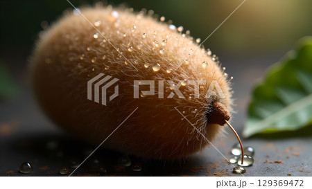 Macro photography showcasing a fresh kiwi fruit adorned with glistening water droplets and leaf in the background Macro photography showcasing a fresh kiwi fruit adorned with glistening water droplets and leaf in the background 129369472
