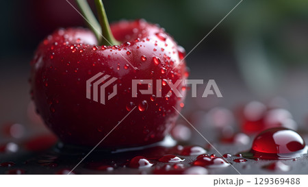 A fresh and juicy wet cherry glistening with droplets showcases the beauty of summer fruits perfect for healthy eating A fresh and juicy wet cherry glistening with droplets showcases the beauty of summer fruits perfect for healthy eating 129369488