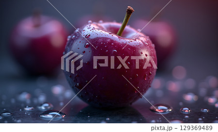 Close-up of red plums with water droplets, highlighting their vibrant color and freshness on surface Close-up of red plums with water droplets, highlighting their vibrant color and freshness on surface 129369489