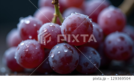 Close up of ripe red grapes covered with water droplets creating a refreshing and visually appealing fruit 129369504