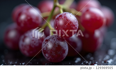 Captivating close-up of fresh red grapes with water droplets, emphasizing natural beauty, showcasing vibrant colors and texture 129369505
