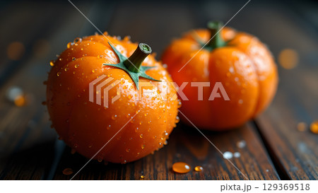 Two beautiful orange pumpkins with water droplets on a wooden surface create a rustic fall theme image 129369518