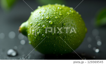Close up shot of a fresh juicy lime with water droplets reflecting light for freshness 129369545