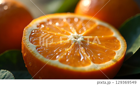 A Refreshing Close-Up of Sliced Oranges with Juicy Segments and Green Leaves Displaying Vibrant Colors 129369549
