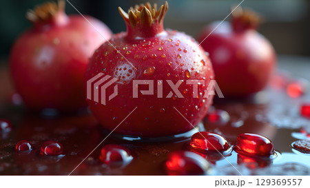 Three juicy pomegranates with water droplets and scattered seeds create an appealing and inviting still life 129369557