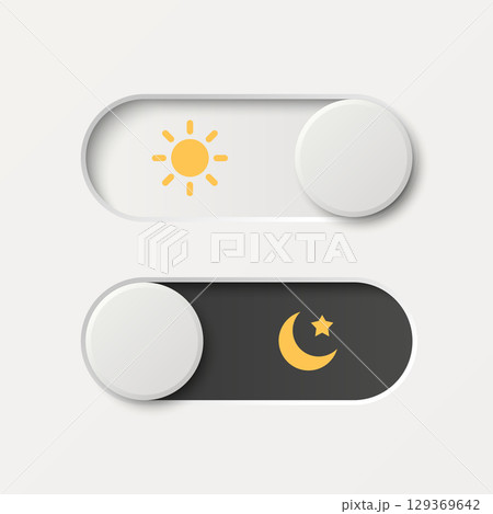 Vector 3d Day and Night Mode Toggle Switch Icon. Light and Dark Mode Switch Button. Modern Toggle Switch for Day and Night Theme in Mobile App, Website Interface Design 129369642
