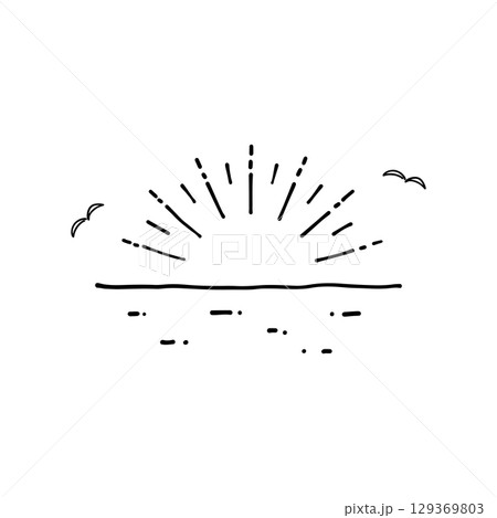 海と太陽とカモメの手描きイラスト 夏の風景 ベクター、線画 海と太陽とカモメの手描きイラスト 夏の風景 ベクター、線画 129369803