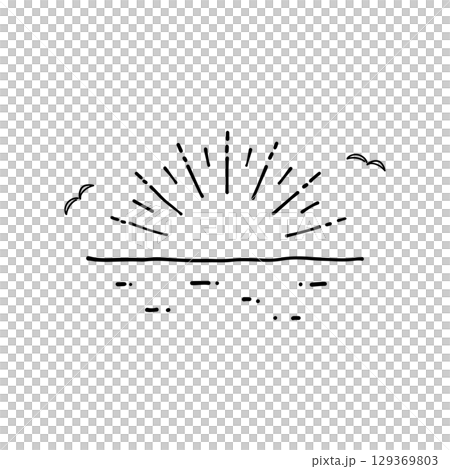 Hand-drawn illustration of the sea, sun and seagulls Summer landscape Vector, line drawing 129369803