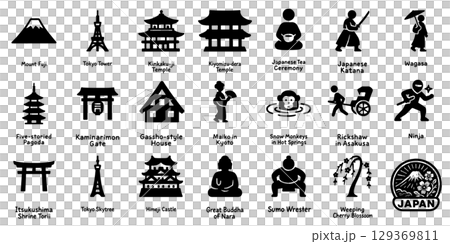 日本圓形標記平面設計輪廓圖示集 129369811