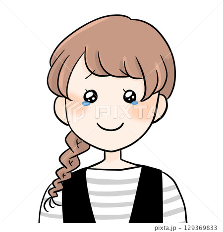 三つ編みボーダーの女性うるうる 129369833