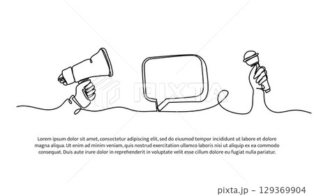 Continuous line design of provide information through loudspeaker. Single line decorative element drawn on white. 129369904