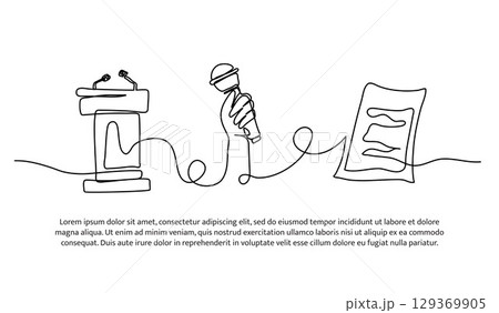 Continuous line design of reading information on the podium. Single line decorative element drawn on white. 129369905