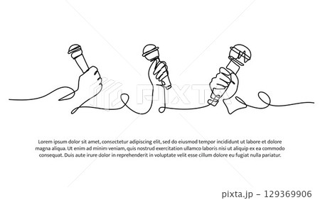 Continuous line design of holding the mic. Single line decorative element drawn on white. 129369906