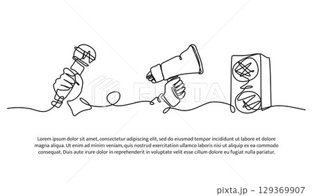 Continuous line design of provide information through loudspeaker. Single line decorative element drawn on white. Continuous line design of provide information through loudspeaker. Single line decorative element drawn on white. 129369907