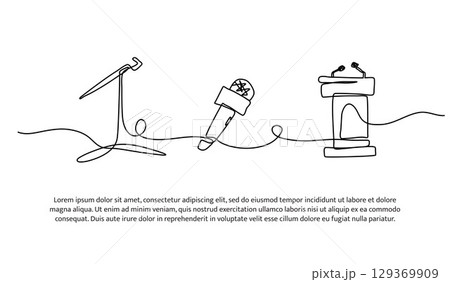 Continuous line design of mic on stand and podium. Single line decorative element drawn on white. Continuous line design of mic on stand and podium. Single line decorative element drawn on white. 129369909