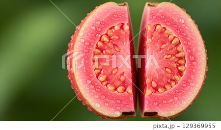 Close-up of two halves of a vibrant pink guava fruit showing refreshing droplets of water 129369955