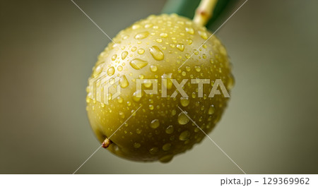 Close up of a fresh green olive covered in water droplets representing natural freshness and healthy ingredients 129369962