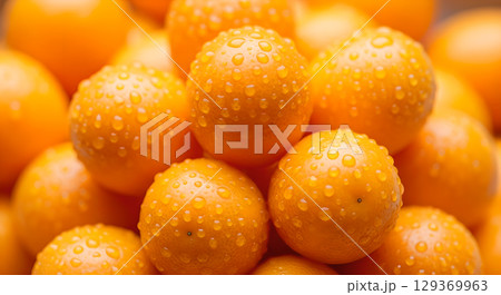 A vibrant pile of fresh tangerines glistening with water droplets conveying freshness and natural goodness suggesting healthy eating 129369963