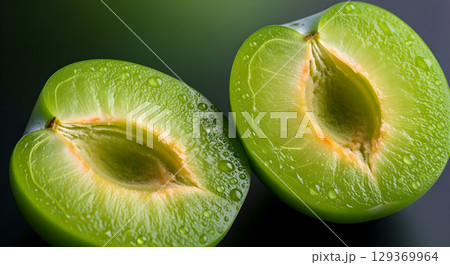 Close up shot of two vibrant green plum halves with water droplets showcasing freshness and natural beauty 129369964