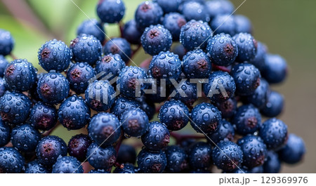 Close up macro of elderberry with water droplets creating a beautiful nature scene of freshness 129369976