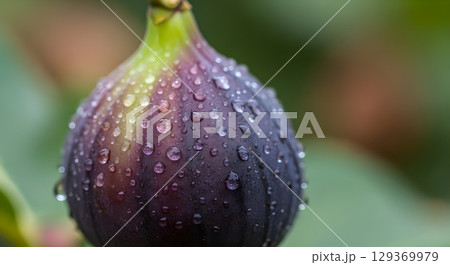 Captivating close up shot of a ripe fig with glistening water droplets on its skin showing freshness Captivating close up shot of a ripe fig with glistening water droplets on its skin showing freshness 129369979