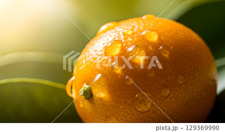 Close up shot capturing a fresh juicy orange with dew droplets gleaming in sunlight backdrop Close up shot capturing a fresh juicy orange with dew droplets gleaming in sunlight backdrop 129369990