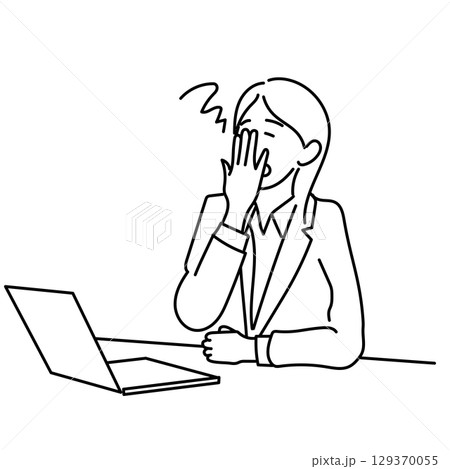 イラスト素材: デスクであくびをする女性ビジネスパーソンの線画ベクター 129370055