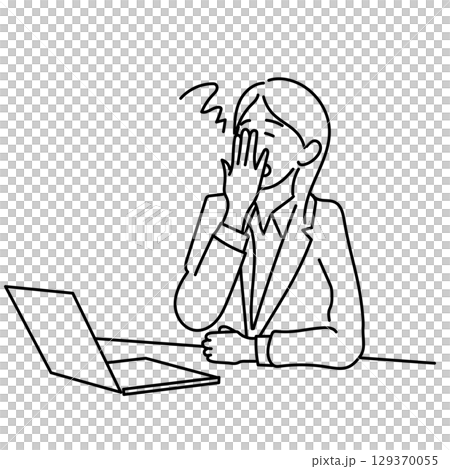 圖庫插圖: 一位女性商務人士在辦公桌前打哈欠的線條畫向量 129370055