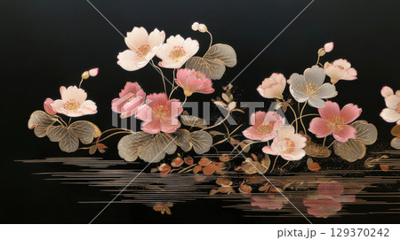 水面に浮かぶ桃色の花 129370242