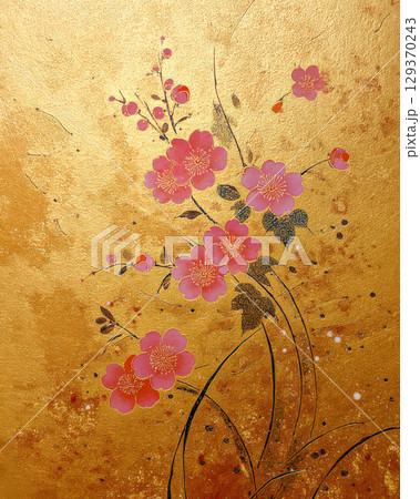 金屏風の桃色の花の和風背景 129370243