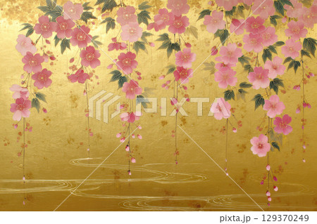 金屏風の桃色の花の和風背景のイラスト素材 [129370249] - PIXTA