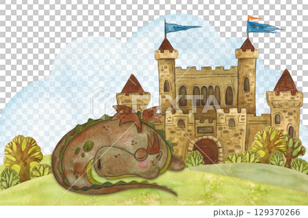 A fairy-tale composition of a sleeping dragon lies next to an old castle among green hills. Watercolor illustration hand drawn, cartoon. Drawing for stickers, poster, cards, print, books  129370266