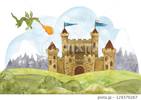 A fairy-tale composition with a flying dragon spewing fire towards an old castle standing among mountains and green hills. Watercolor illustration hand drawn, cartoon. Drawing children's books 129370267