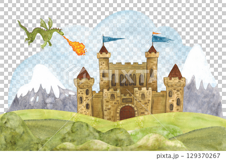 A fairy-tale composition with a flying dragon spewing fire towards an old castle standing among mountains and green hills. Watercolor illustration hand drawn, cartoon. Drawing children's books 129370267