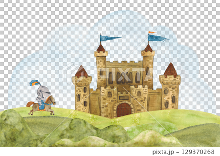 Medieval castle with flags on towers on hills to it gallops knight in armor in background. Watercolor illustration hand drawn, cartoon. drawing for stickers, cards, printing, scrapbooking 129370268