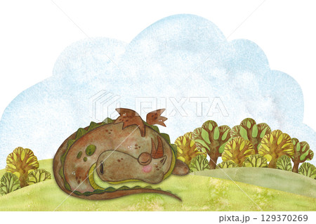 The dragon sleeps in a clearing among the trees. Watercolor illustration hand-drawn, cartoon. Drawing for postcards, stickers, scrapbooking. Middle Ages, history, tournament, battle, competiti The dragon sleeps in a clearing among the trees. Watercolor illustration hand-drawn, cartoon. Drawing for postcards, stickers, scrapbooking. Middle Ages, history, tournament, battle, competiti 129370269