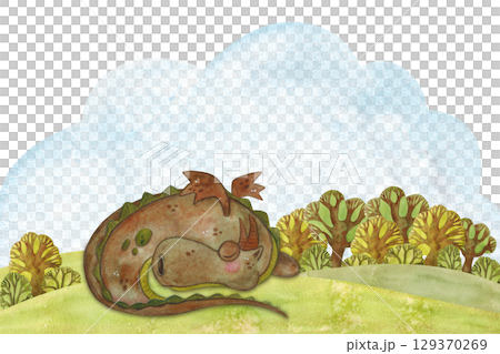 The dragon sleeps in a clearing among the trees. Watercolor illustration hand-drawn, cartoon. Drawing for postcards, stickers, scrapbooking. Middle Ages, history, tournament, battle, competiti The dragon sleeps in a clearing among the trees. Watercolor illustration hand-drawn, cartoon. Drawing for postcards, stickers, scrapbooking. Middle Ages, history, tournament, battle, competiti 129370269